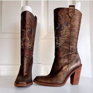 Gianni Bini Bronze Leather Cowboy Boots Sz 7.5 Boho Western Embroidered Festival